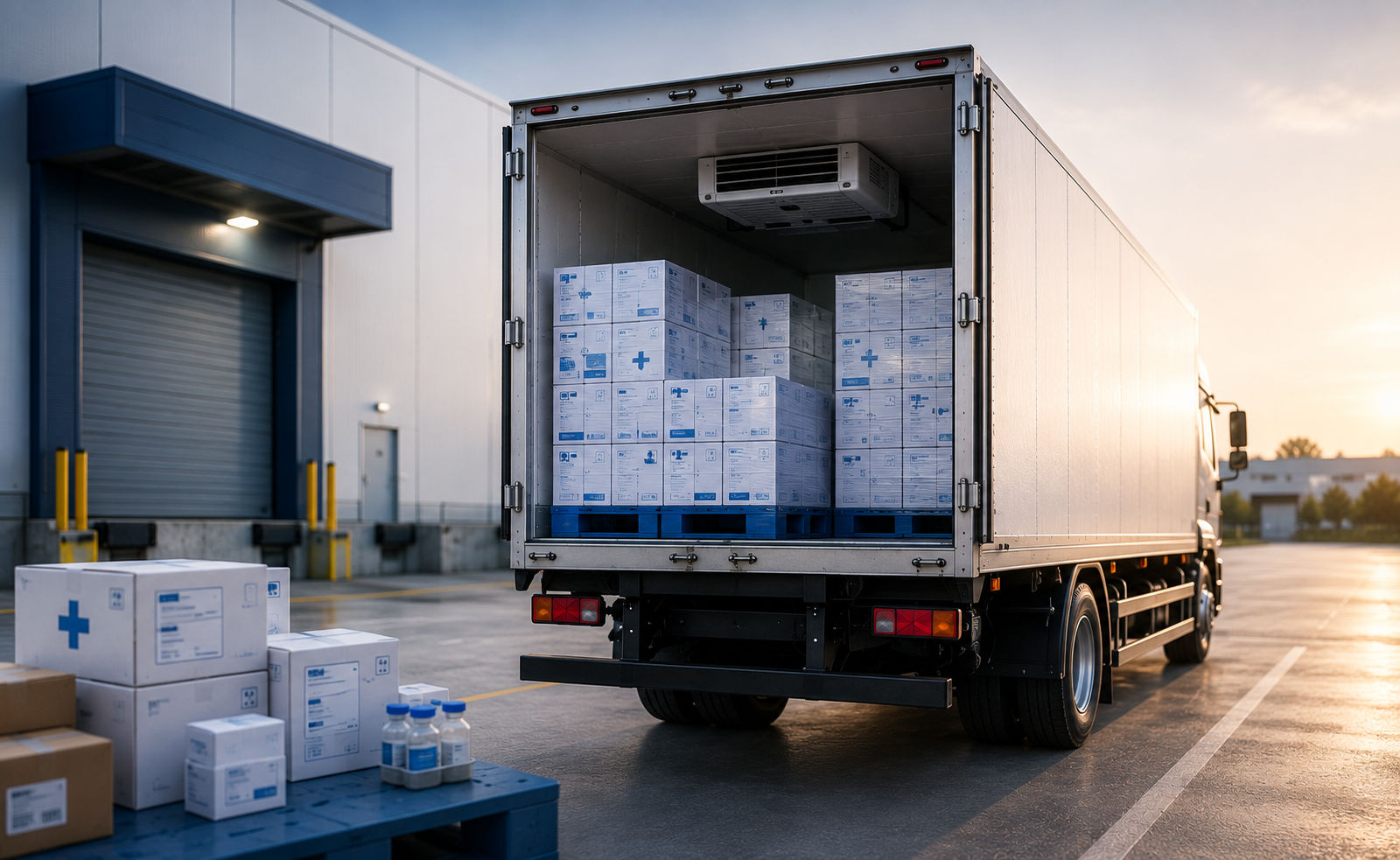 Infographic showing GDP compliance requirements for vaccine cold chain transport using a reefer truck in India 2026